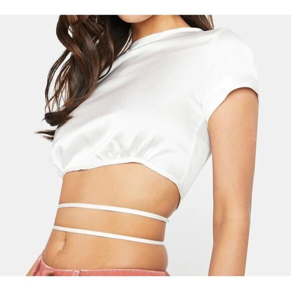 Lioness Tongue Tied Crop Top White Sheen Short Sleeve Small - Picture 1 of 8